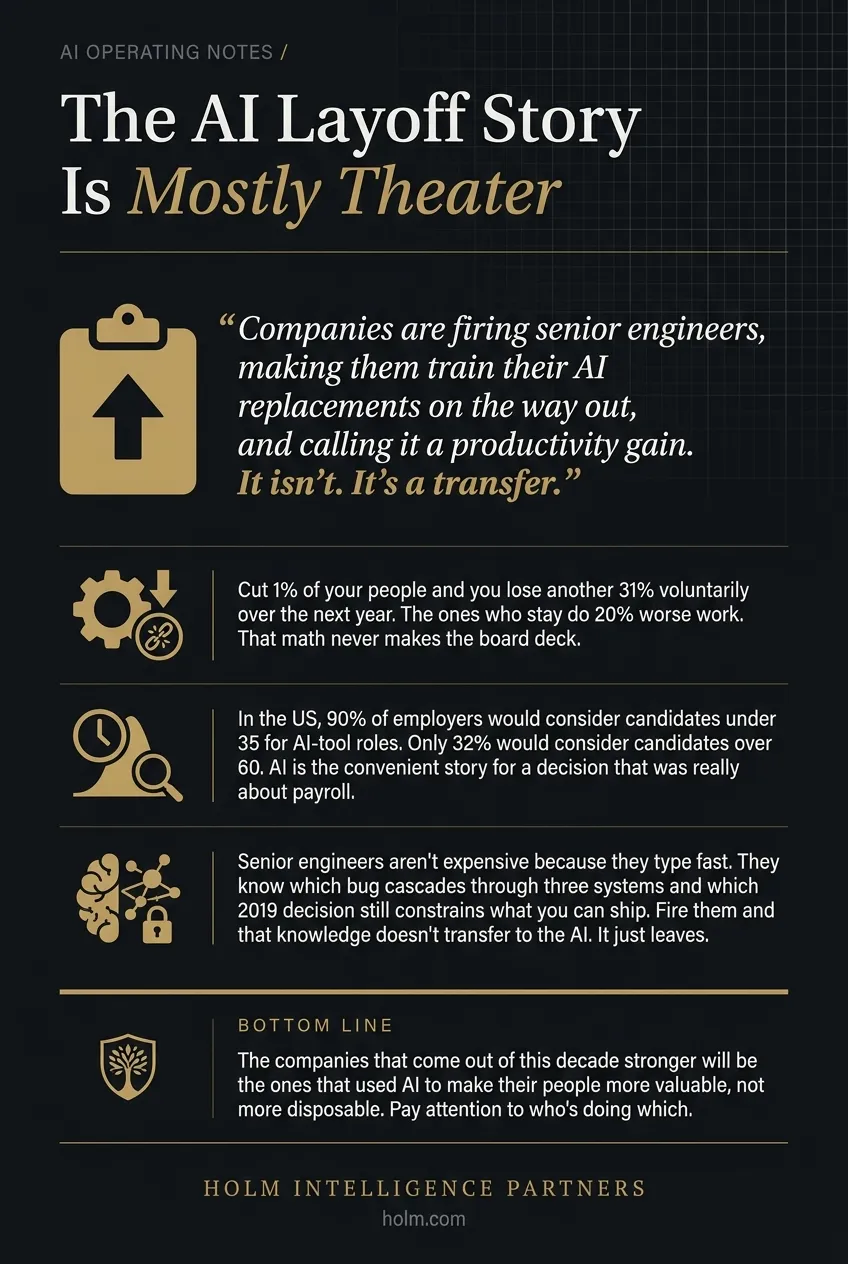 Infographic summary of: The AI Layoff Story Is Mostly Theater