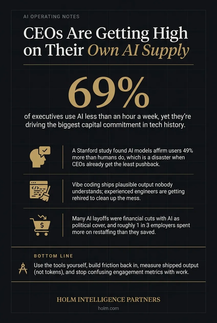 Infographic summary of: CEOs Are Getting High on Their Own AI Supply