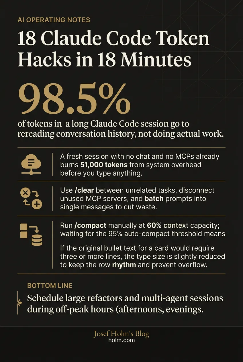 Infographic summary of: 18 Claude Code Token Hacks in 18 Minutes