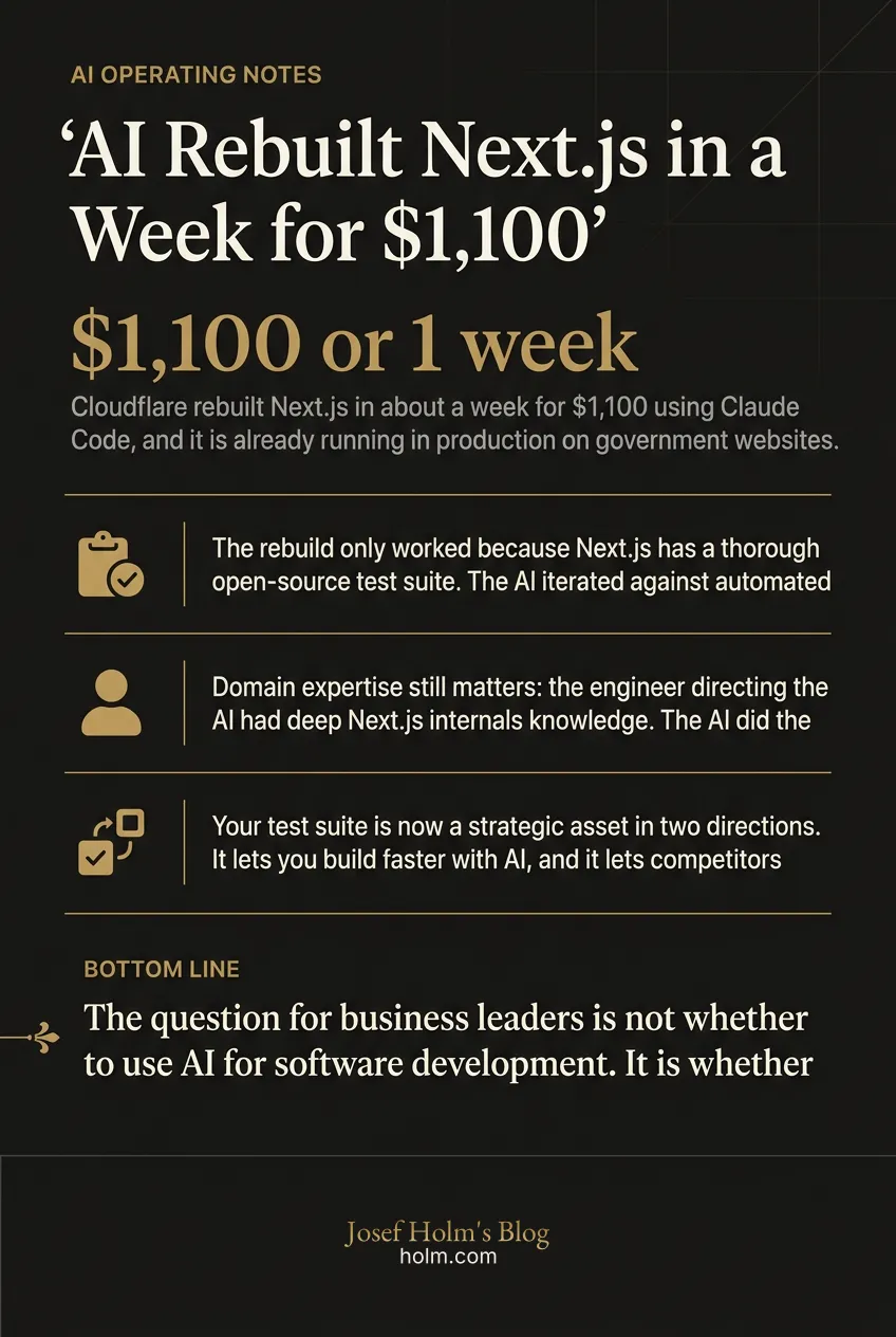Infographic summary of: AI Rebuilt Next.js in a Week for $1,100