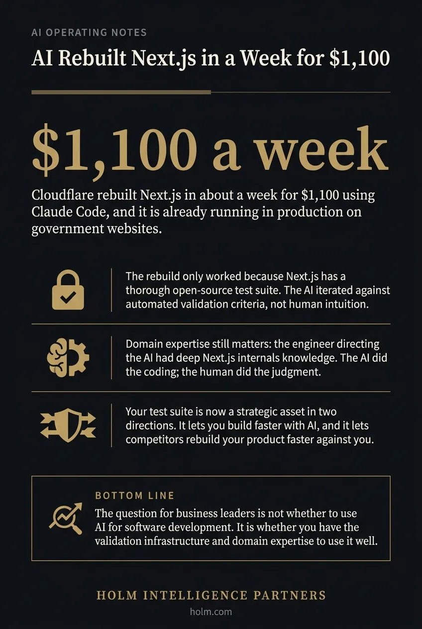 Infographic summary of: AI Rebuilt Next.js in a Week for $1,100