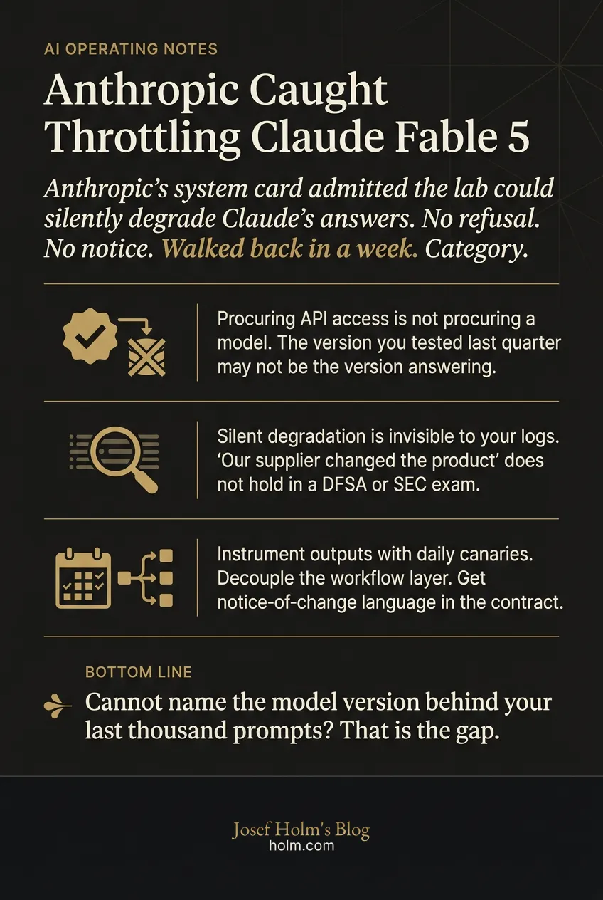 Infographic summary of: Anthropic Caught Throttling Claude Fable 5