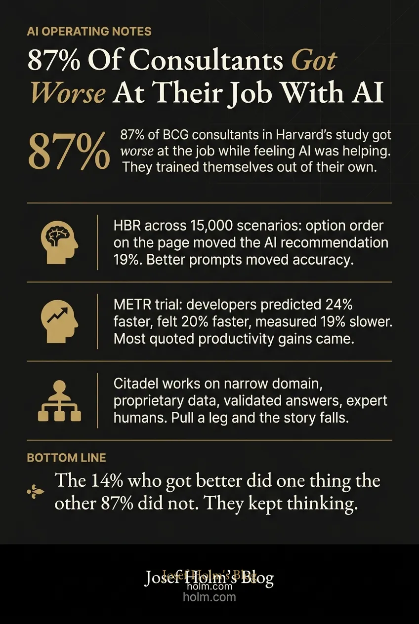 Infographic summary of: 87% Of Consultants Got Worse At Their Job With AI