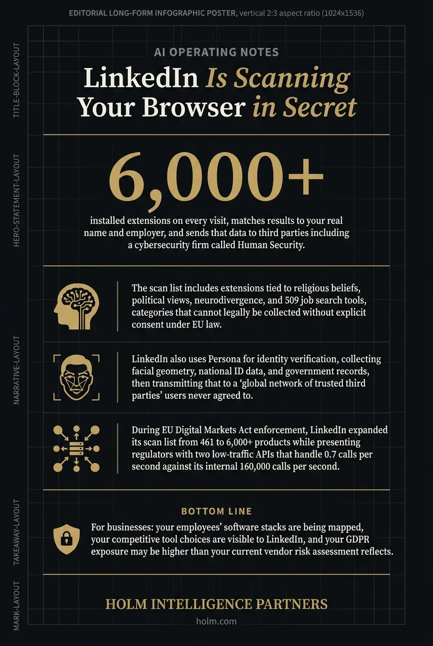 Infographic summary of: LinkedIn Is Scanning Your Browser in Secret