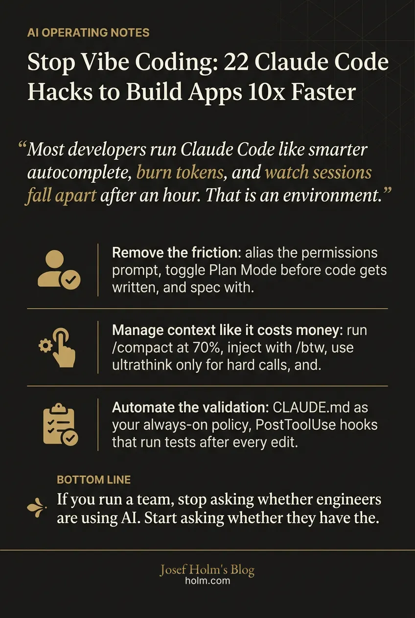 Infographic summary of: Stop Vibe Coding: 22 Claude Code Hacks to Build Apps 10x Faster