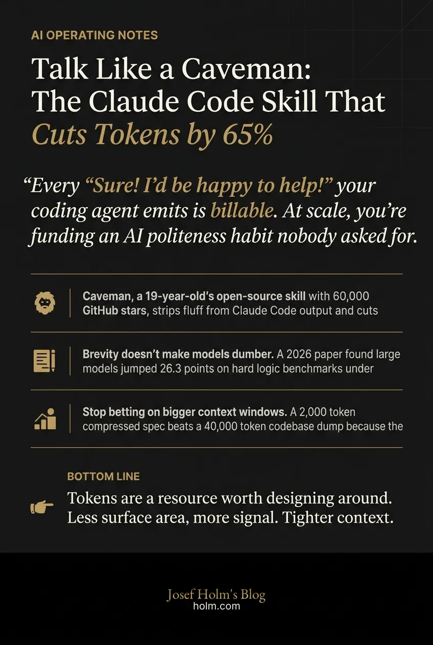 Infographic summary of: Talk Like a Caveman: The Claude Code Skill That Cuts Tokens by 65%