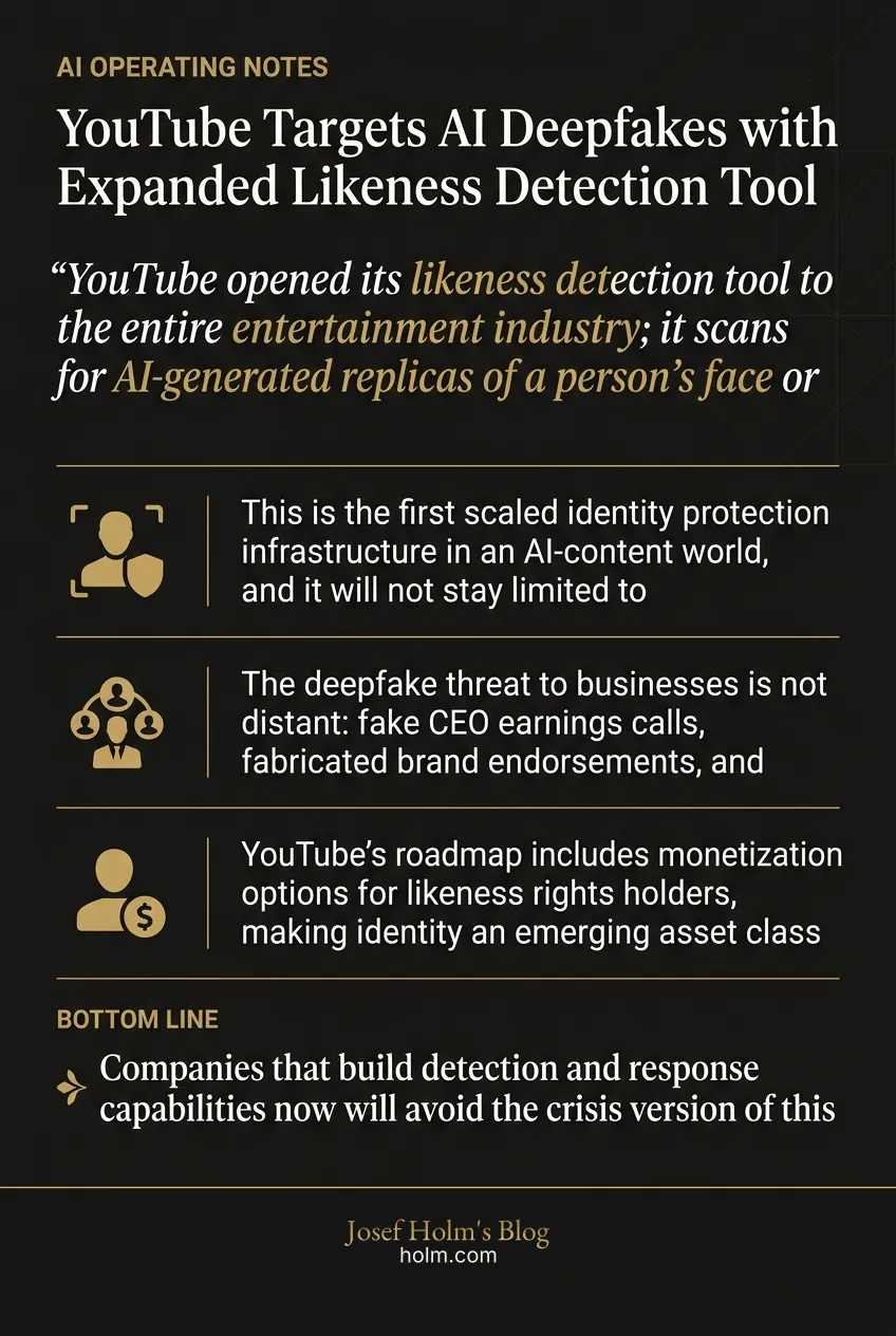 Infographic summary of: YouTube Targets AI Deepfakes with Expanded Likeness Detection Tool