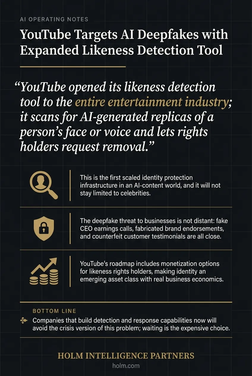 Infographic summary of: YouTube Targets AI Deepfakes with Expanded Likeness Detection Tool